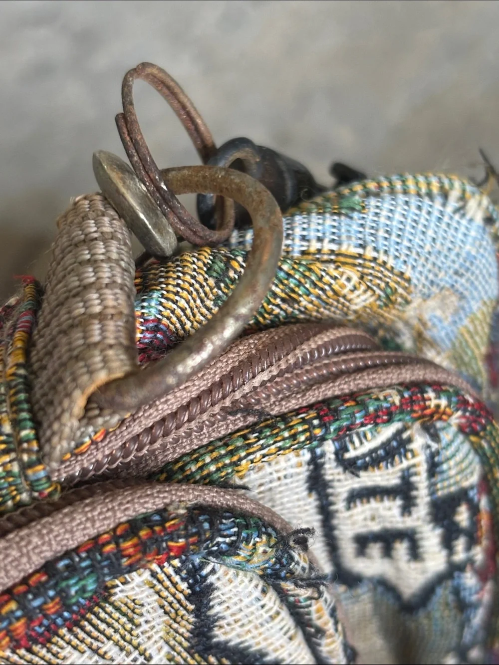Route 66 Multicolor Tapestry Messenger Bag with Tan Strap